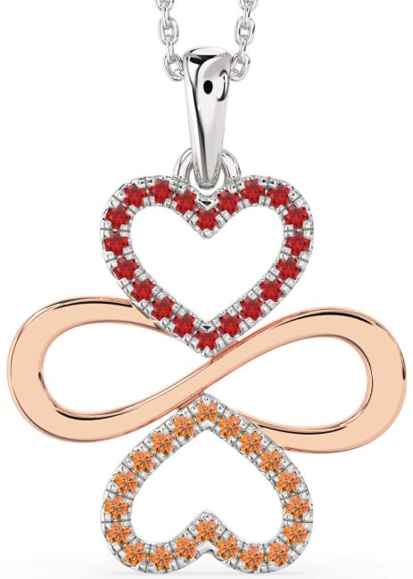 Large Ruby & Citrine Platinum & Rose Gold Heart Infinity Necklace