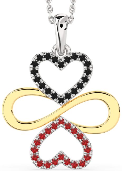 Large Black Diamond & Ruby Gold Silver Heart Infinity Necklace