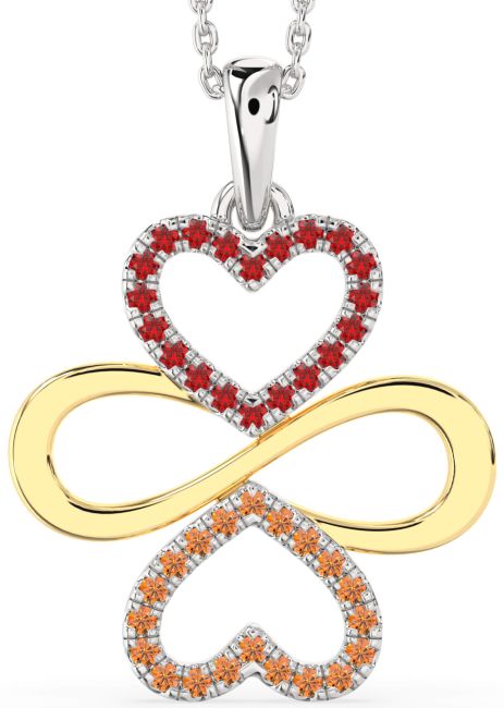 Large Ruby & Citrine Platinum & Yellow Gold Heart Infinity Necklace