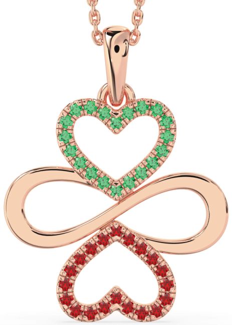 Large Emerald & Ruby Rose Gold Heart Infinity Necklace