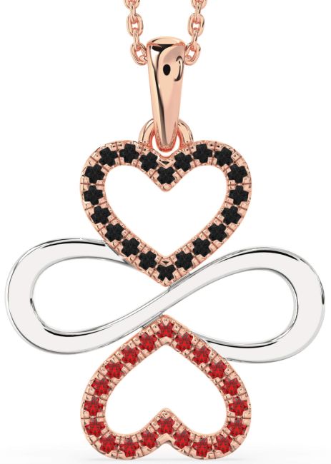 Large Black Diamond & Ruby Rose Gold Silver Heart Infinity Necklace