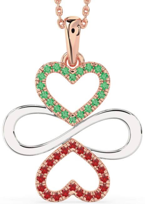 Large Emerald & Ruby White Rose Gold Heart Infinity Necklace