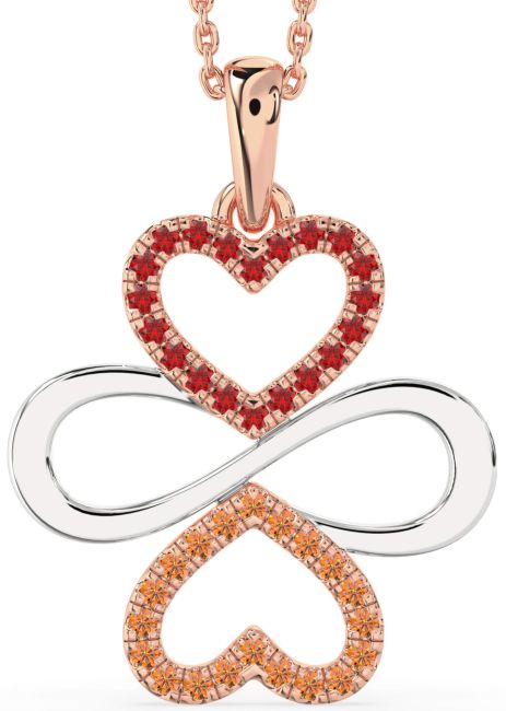 Large Ruby & Citrine Rose Gold Silver Heart Infinity Necklace