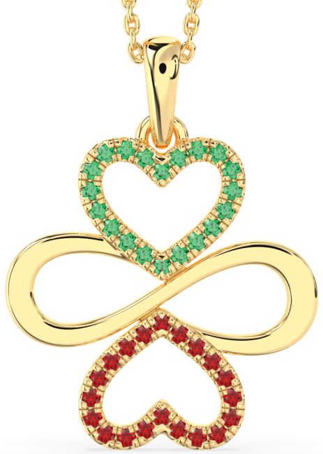 Large Emerald & Ruby Gold Heart Infinity Necklace