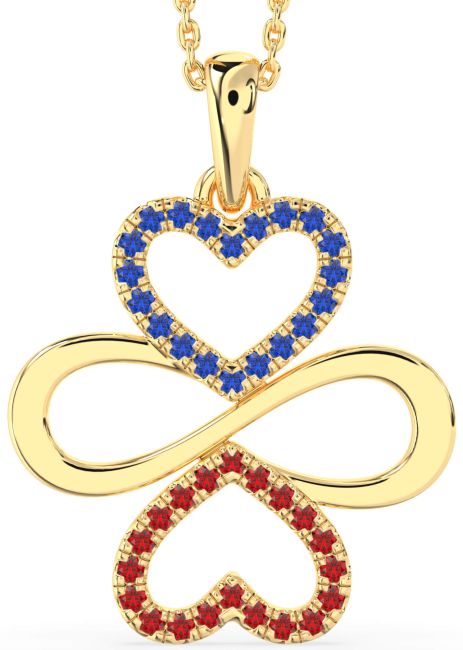 Large Blue Sapphire & Ruby Gold Heart Infinity Necklace