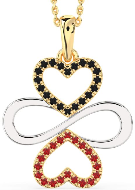 Large Black Diamond & Ruby Gold Silver Heart Infinity Necklace