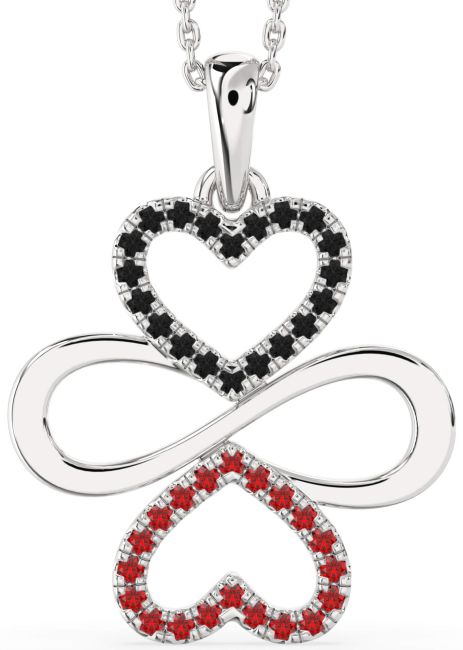 Large Black Diamond & Ruby Silver Heart Infinity Necklace