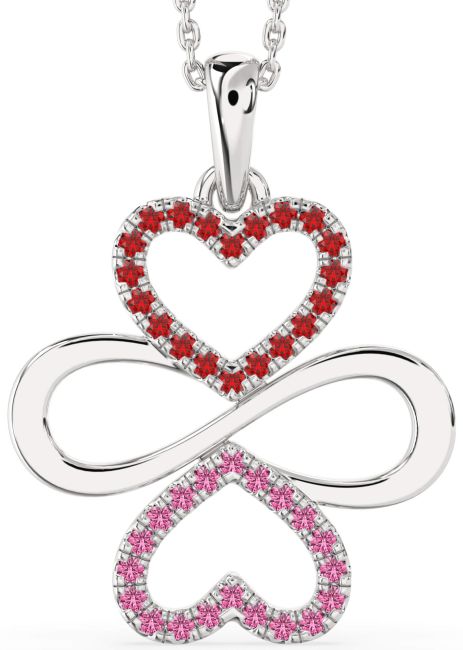 Large Ruby & Pink Sapphire Silver Heart Infinity Necklace