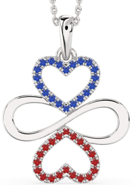 Large Blue Sapphire & Ruby Silver Heart Infinity Necklace