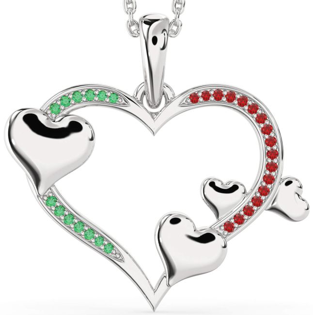 Large Emerald & Ruby Silver Heart Necklace