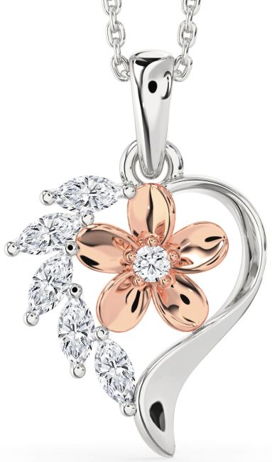 Diamond Rose Gold Silver Heart Flower Necklace