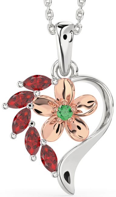 Emerald & Ruby Rose Gold Silver Heart Flower Necklace