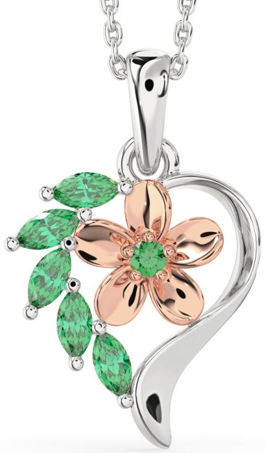 Emerald Rose Gold Silver Heart Flower Necklace