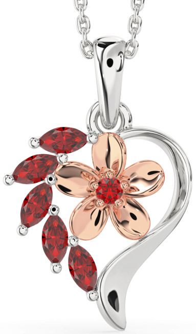Ruby Platinum & Rose Gold Heart Flower Necklace