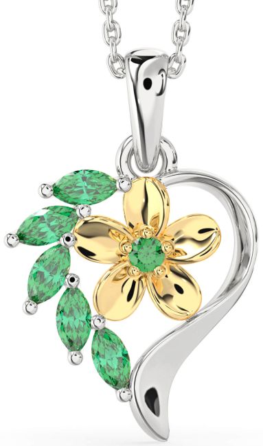 Emerald Gold Silver Heart Flower Necklace
