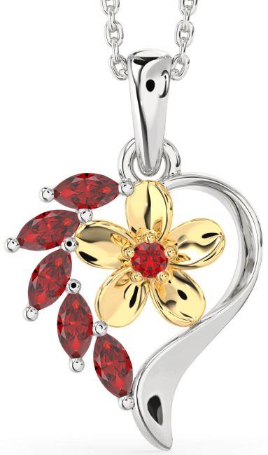 Ruby Gold Silver Heart Flower Necklace