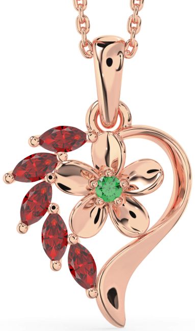 Emerald & Ruby Rose Gold Heart Flower Necklace