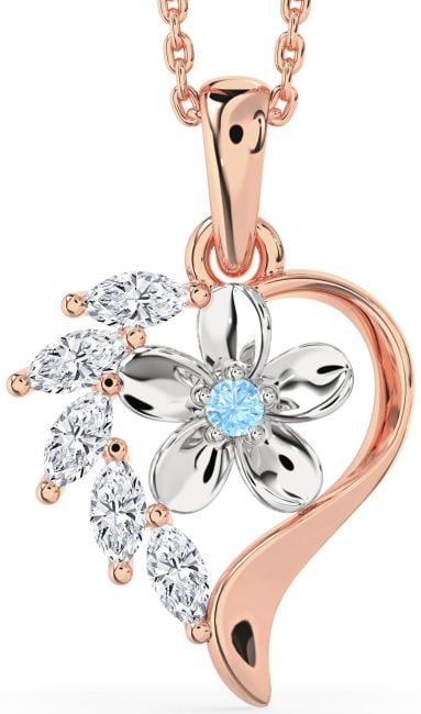 Diamond & Aquamarine Platinum & Rose Gold Heart Flower Necklace