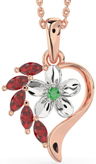Emerald & Ruby Rose Gold Silver Heart Flower Necklace