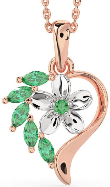 Emerald Rose Gold Silver Heart Flower Necklace
