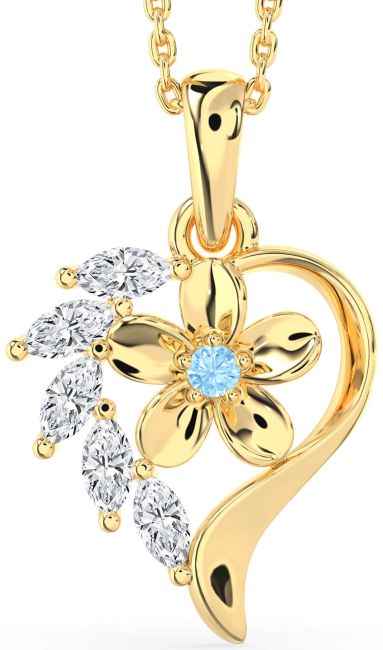 Diamond & Aquamarine Gold Heart Flower Necklace