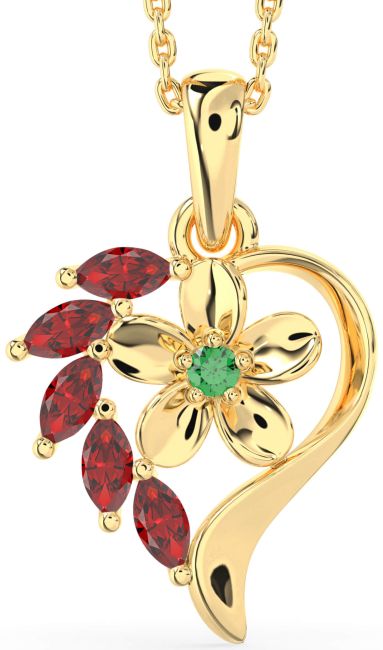 Emerald & Ruby Gold Heart Flower Necklace