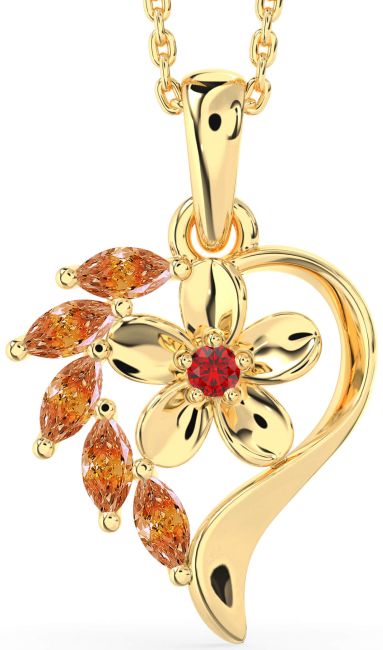 Ruby & Citrine Gold Silver Heart Flower Necklace