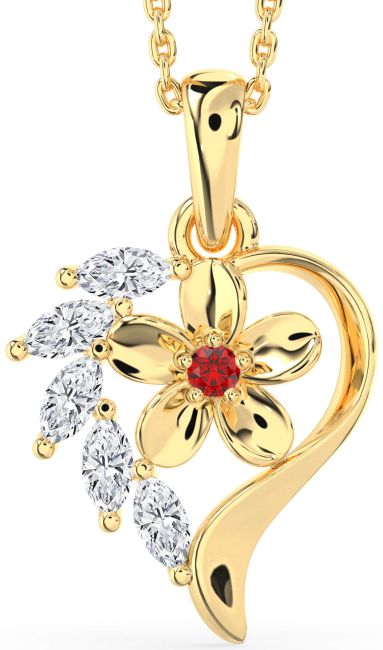 Diamond & Ruby Gold Heart Flower Necklace