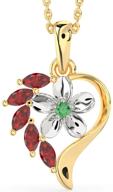 Emerald & Ruby Gold Silver Heart Flower Necklace
