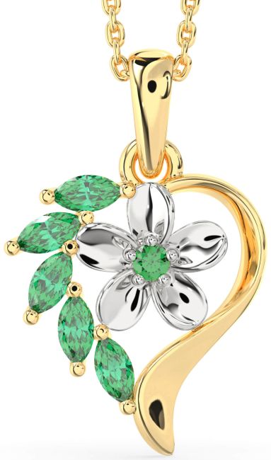 Emerald Gold Silver Heart Flower Necklace