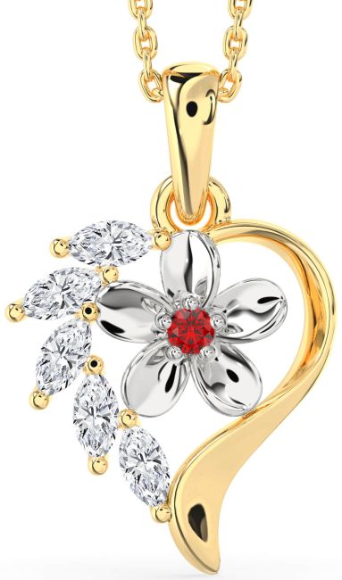 Diamond & Ruby Gold Silver Heart Flower Necklace