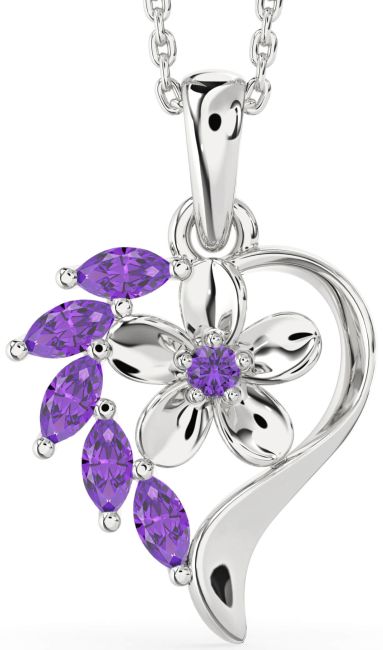 Amethyst Silver Heart Flower Necklace