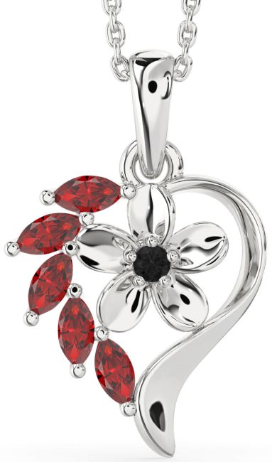 Black Diamond & Ruby Silver Heart Flower Necklace