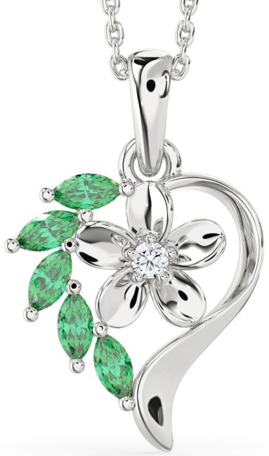 Emerald & Diamond Silver Heart Flower Necklace