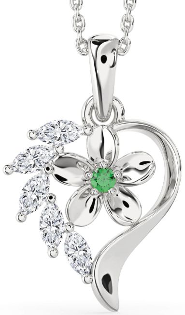 Diamond & Emerald Silver Heart Flower Necklace