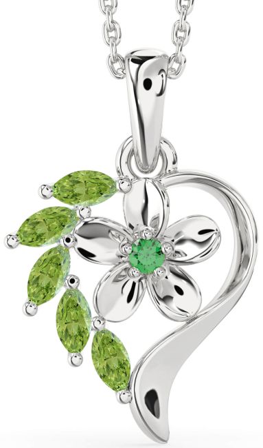 Emerald & Peridot Silver Heart Flower Necklace