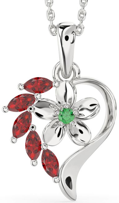 Emerald & Ruby Silver Heart Flower Necklace