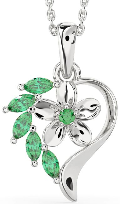 Emerald Platinum Heart Flower Necklace