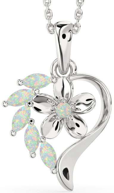 Opal Silver Heart Flower Necklace