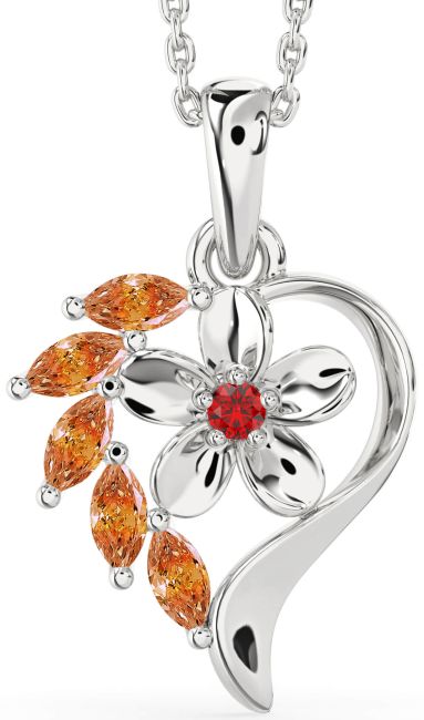 Ruby & Citrine Silver Heart Flower Necklace