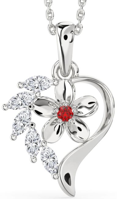 Diamond & Ruby Silver Heart Flower Necklace