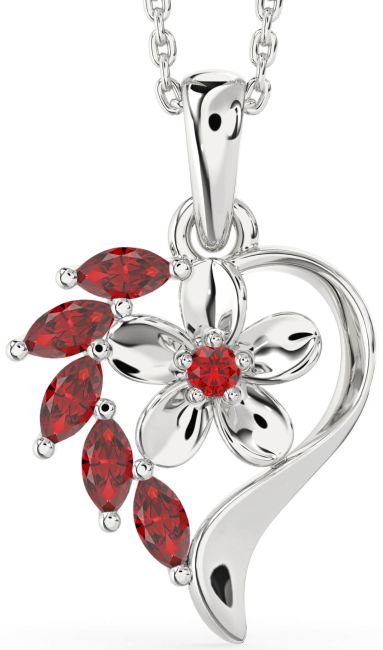 Ruby Silver Heart Flower Necklace