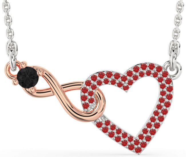 Large Black Diamond & Ruby Platinum & Rose Gold Heart Infinity Interlock Necklace
