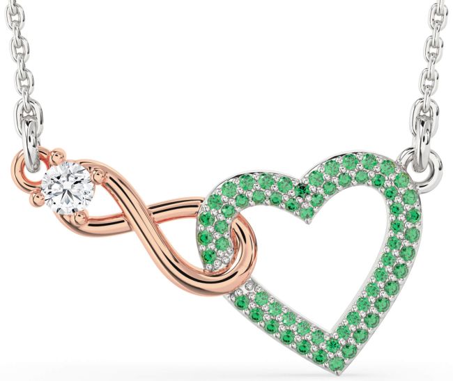Large Emerald & Diamond Silver & 10K Rose Gold Heart Infinity Interlock Necklace