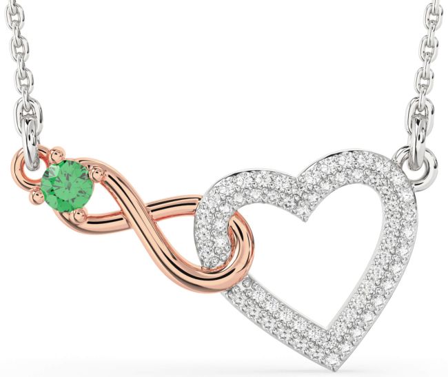 Large Diamond & Emerald Silver & 10K Rose Gold Heart Infinity Interlock Necklace