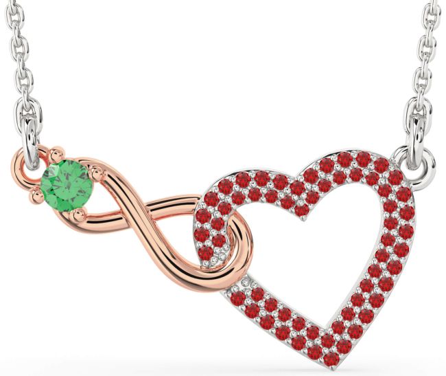 Large Emerald & Ruby Rose Gold Silver Heart Infinity Interlock Necklace