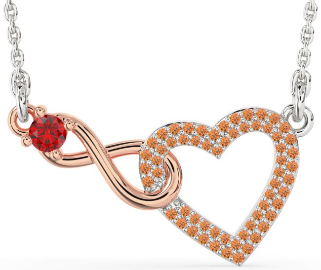 Large Ruby & Citrine Platinum & Rose Gold Heart Infinity Interlock Necklace
