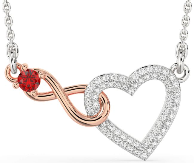 Large Diamond & Ruby Rose Gold Silver Heart Infinity Interlock Necklace