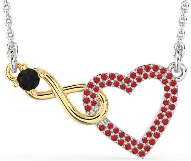 Large Black Diamond & Ruby Gold Silver Heart Infinity Interlock Necklace