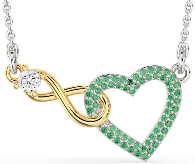 Large Emerald & Diamond Silver & 10K gold Heart Infinity Interlock Necklace